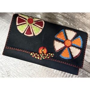 Handmade Felt Flower Appliqué Clutch‎ Purse Black Boho Folk Art Vintage Style